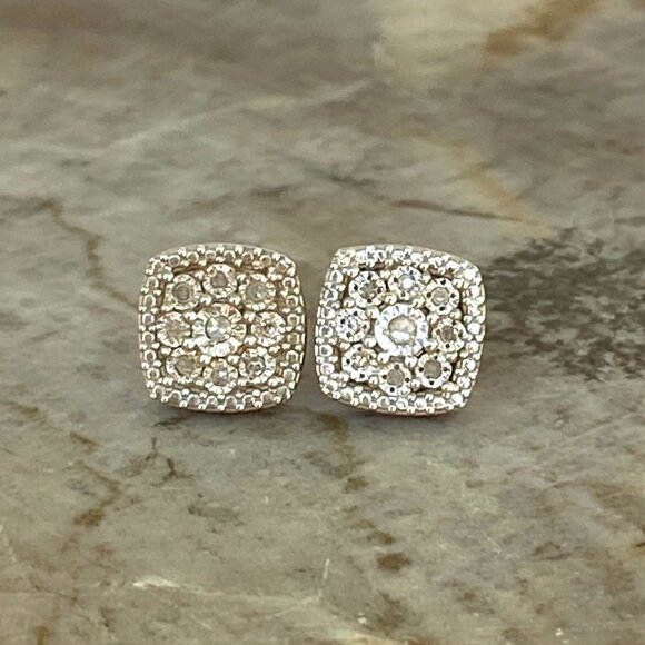 Sterling Silver 925 0.35" Square Diamond Floral Textured Cluster Stud Earrings - Picture 12 of 16